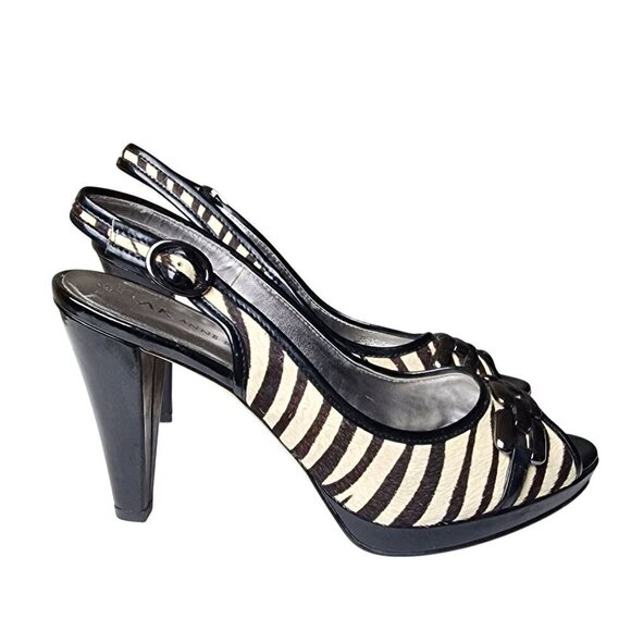 VTG Anne Klein Real Fur Leather Zebra Print Sling Back Peep Toe Heels Size 7.5 - Picture 1 of 15